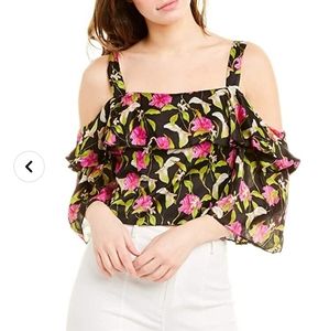 Milly Black Silk Cold-Shoulder Floral Crop Top with Pink & Green Print